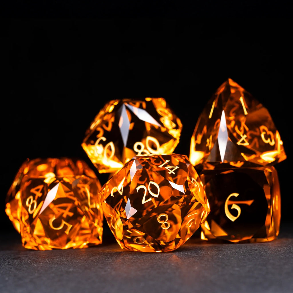 Deep Orange Multi-faceted Prism Glass Engraved Dice Set