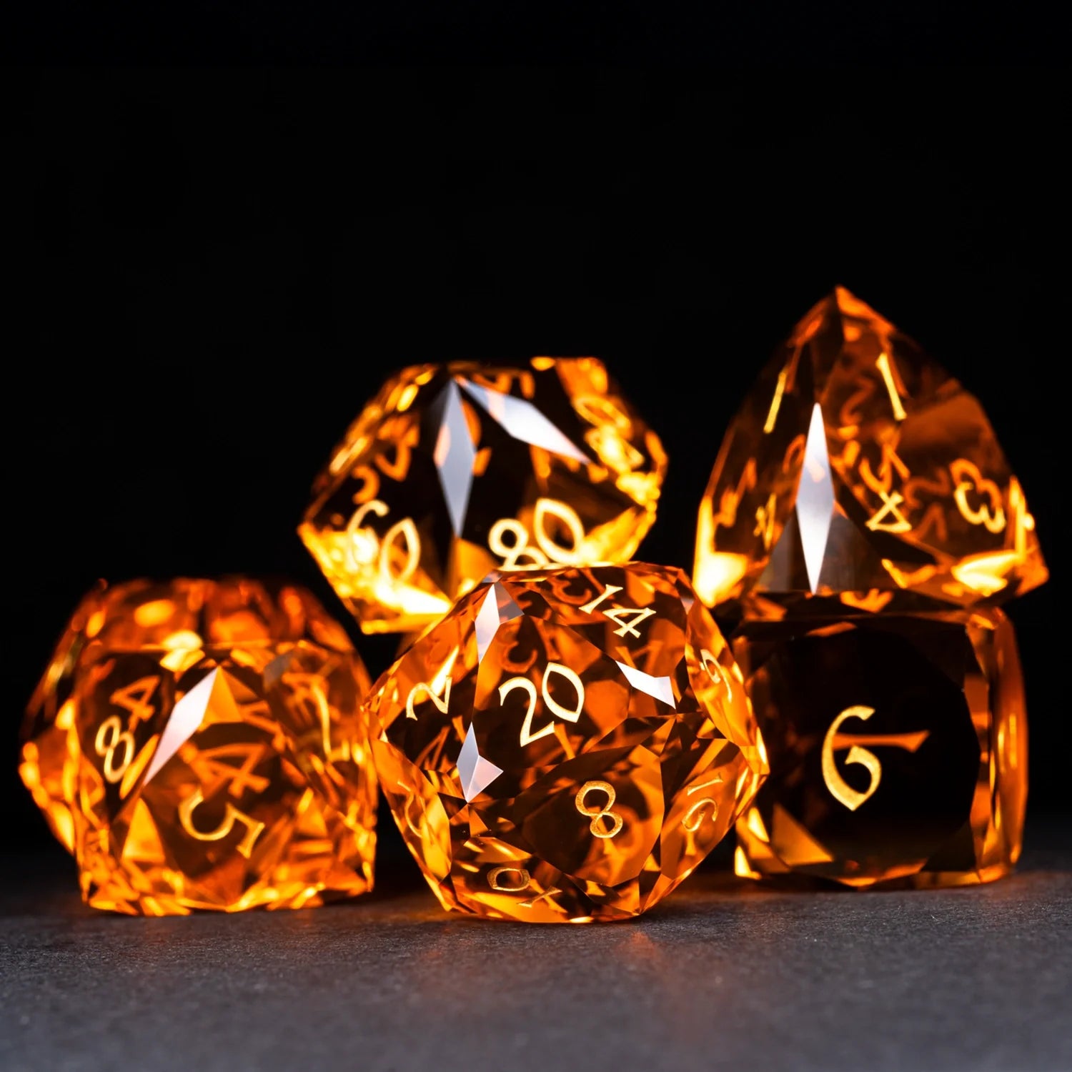 Deep Orange Multi-faceted Prism Glass Engraved Dice Set