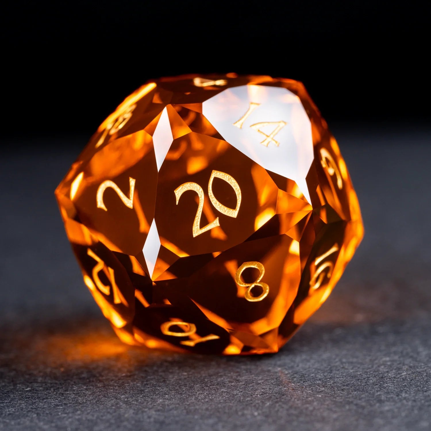 Deep Orange Multi-faceted Prism Glass Engraved Dice Set