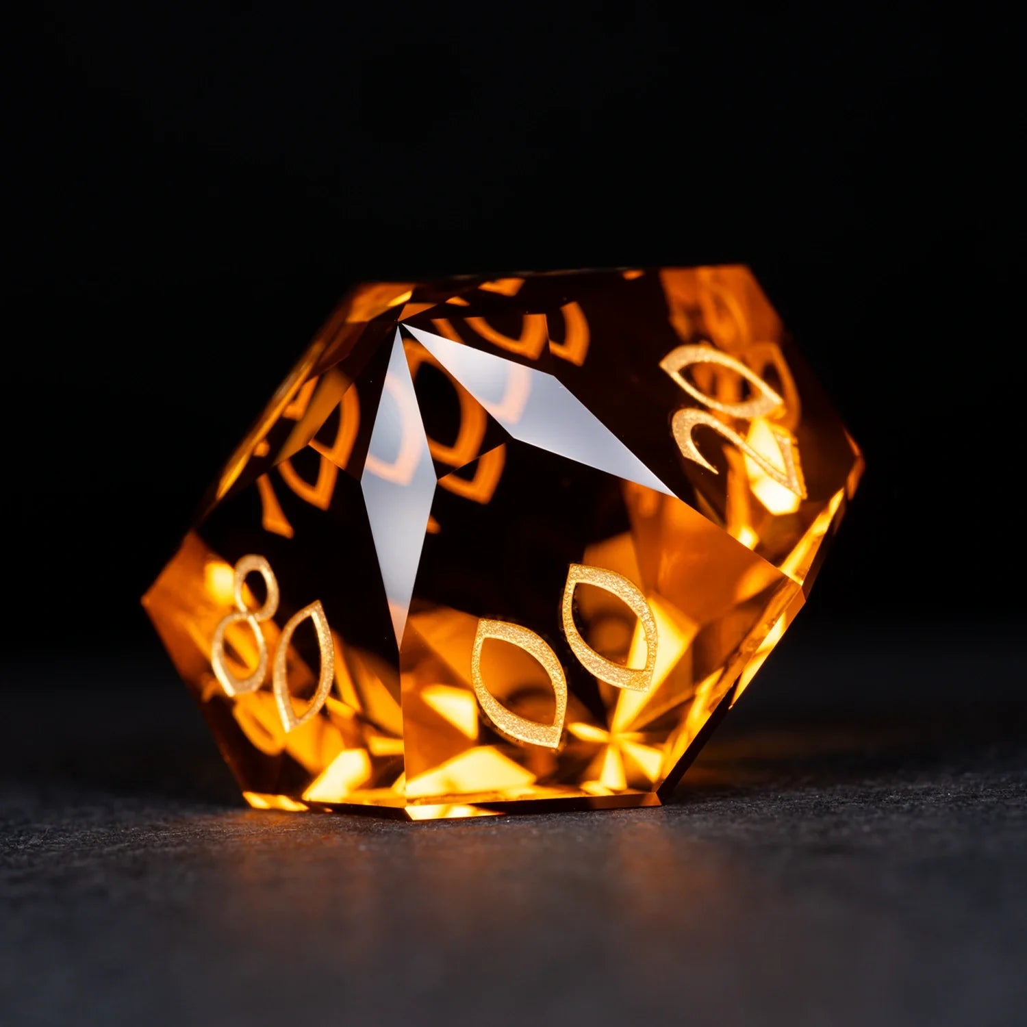 Deep Orange Multi-faceted Prism Glass Engraved Dice Set