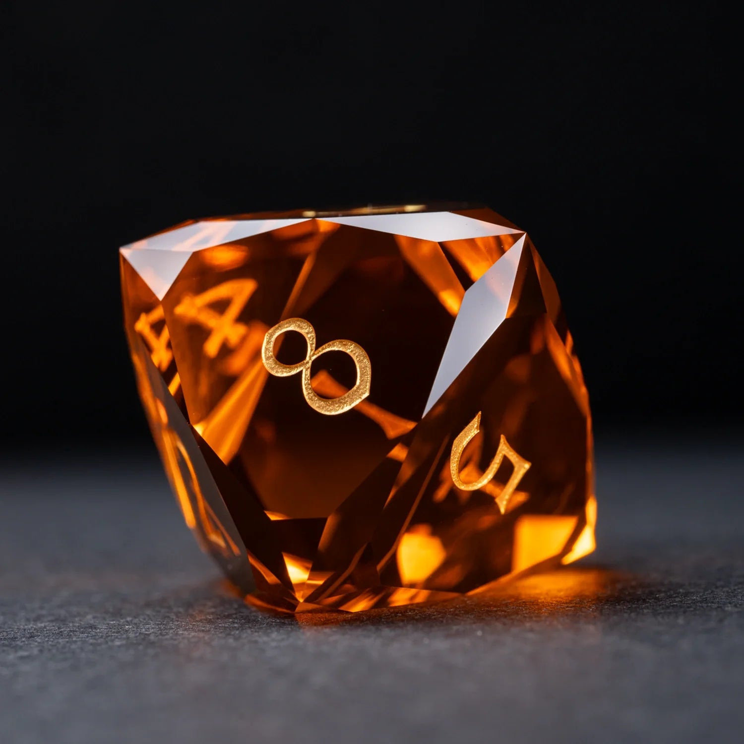 Deep Orange Multi-faceted Prism Glass Engraved Dice Set
