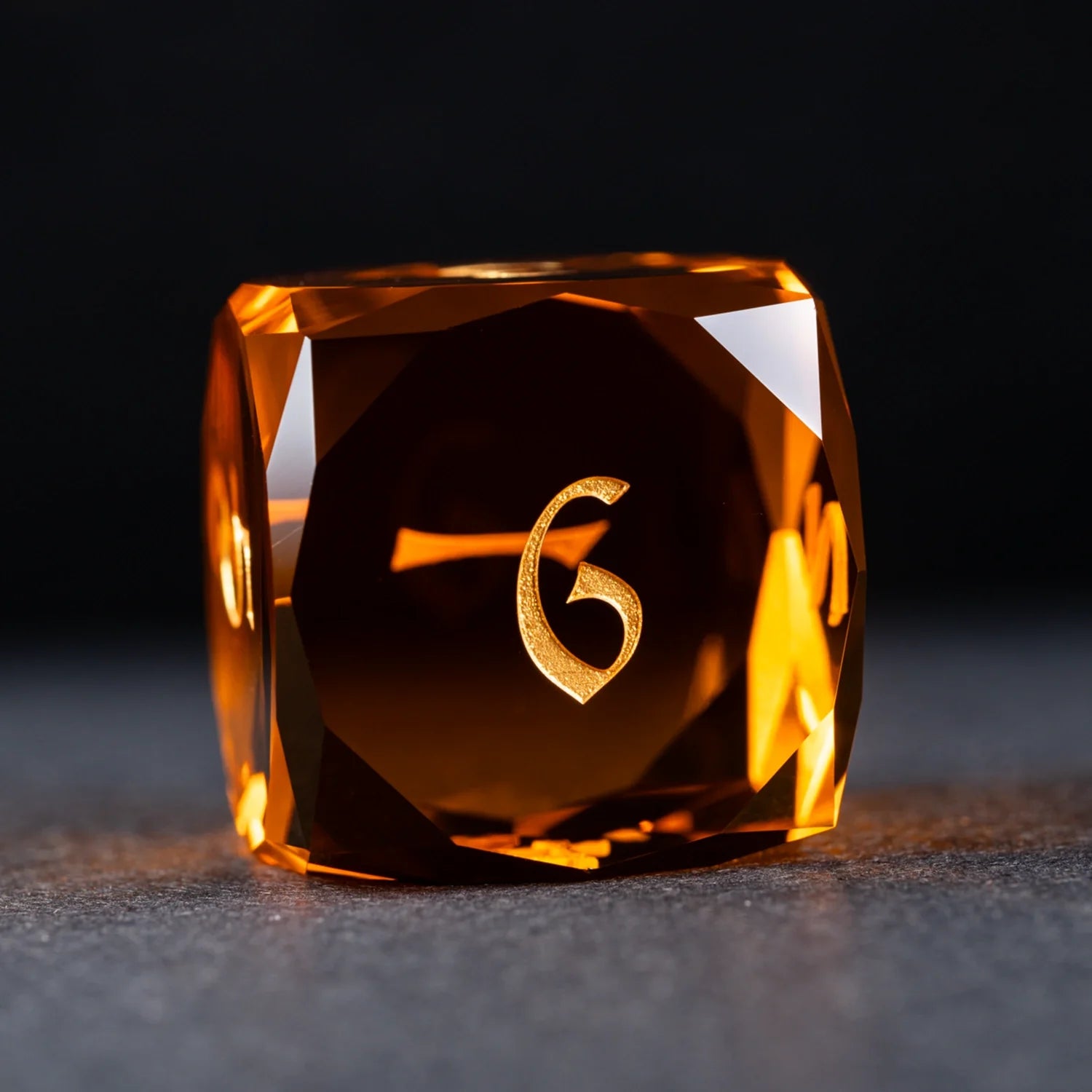 Deep Orange Multi-faceted Prism Glass Engraved Dice Set