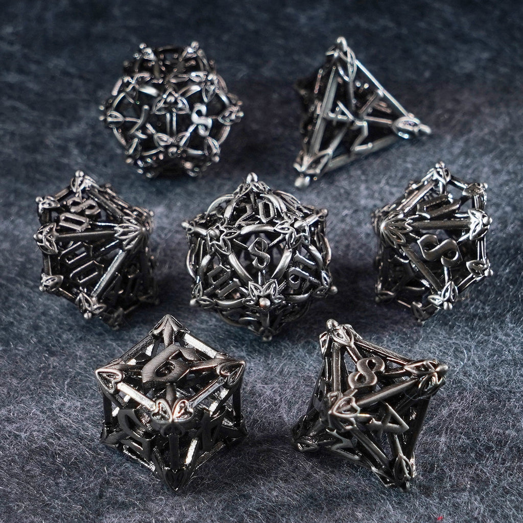 Floral Wings Hollowed Silver Metal Dice Set