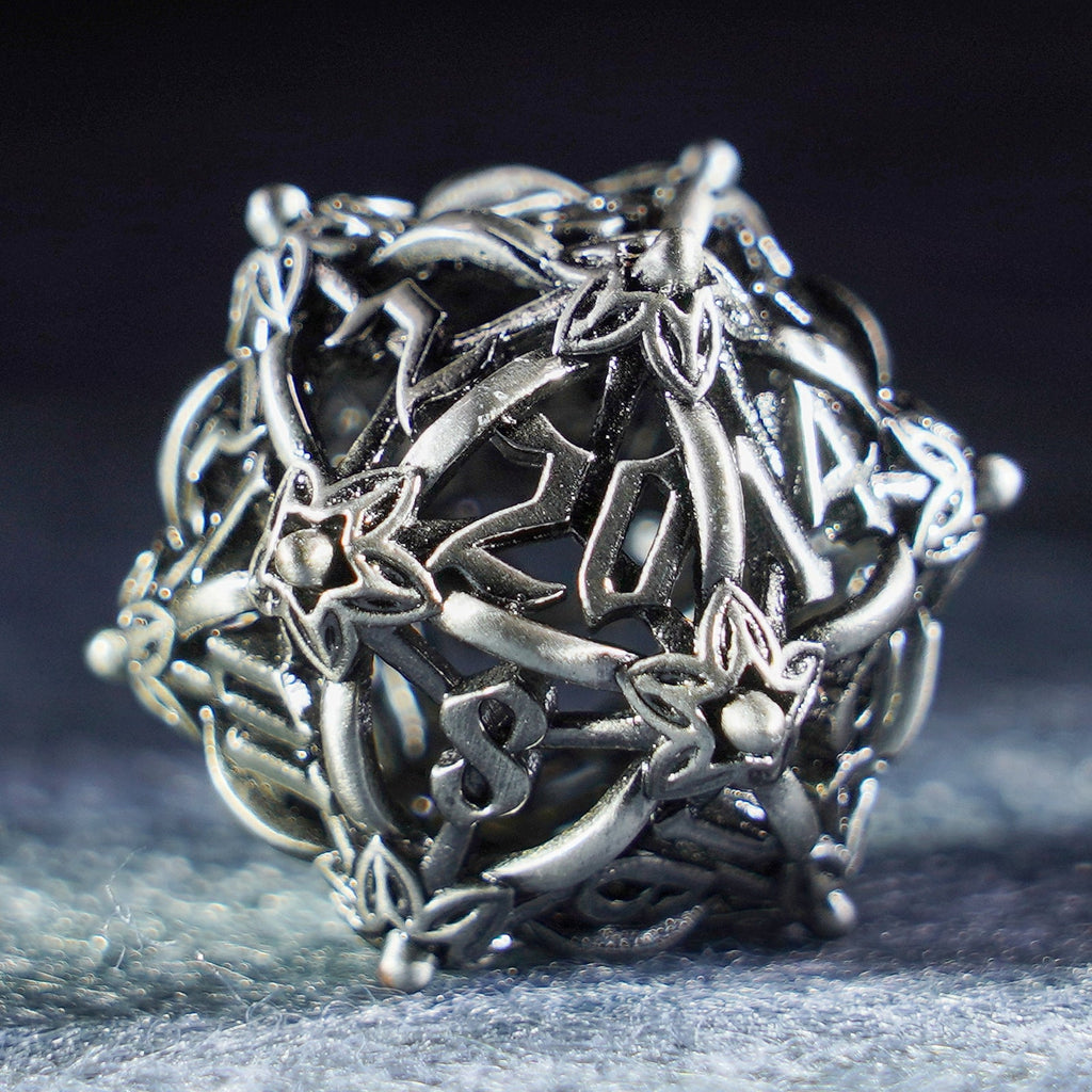 Floral Wings Hollowed Silver Metal Dice Set