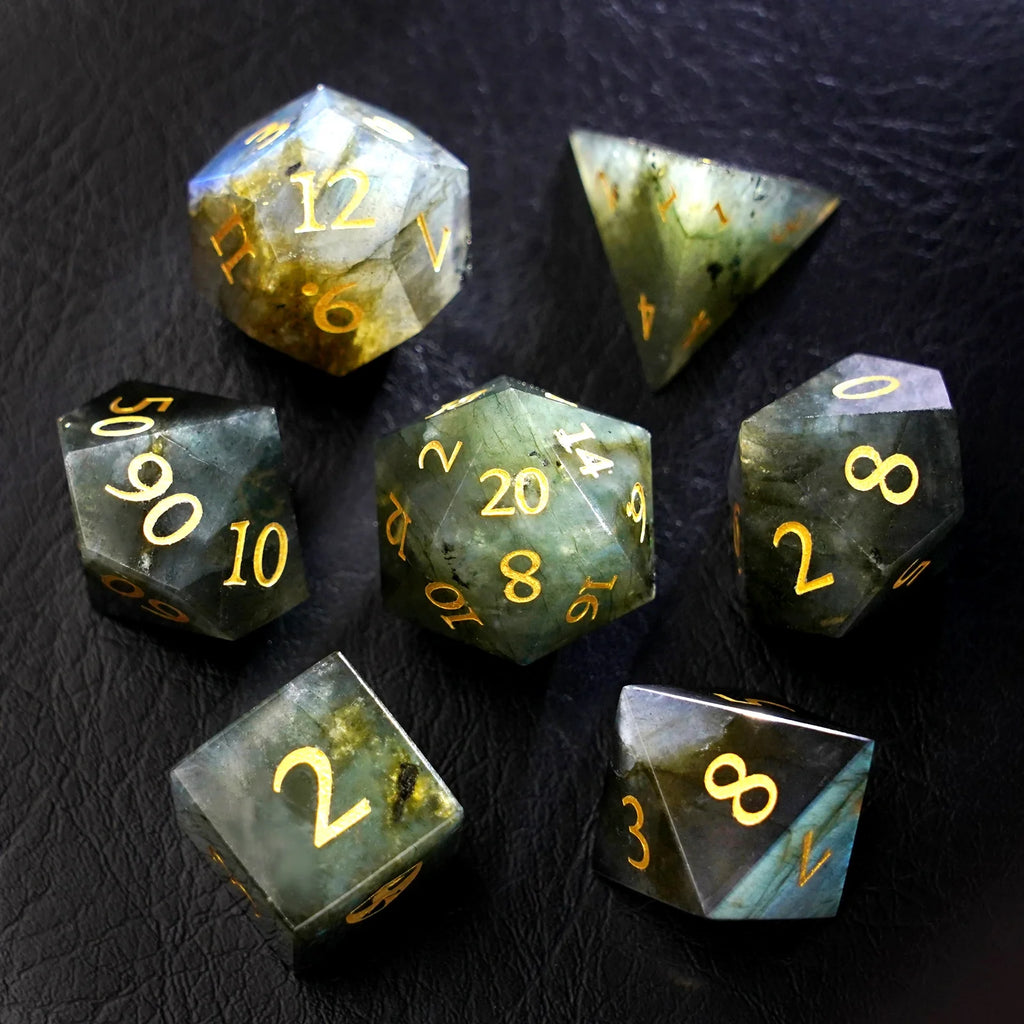 DragonStone Logo D&D Labradorite Engraved Gemstone Dice Set