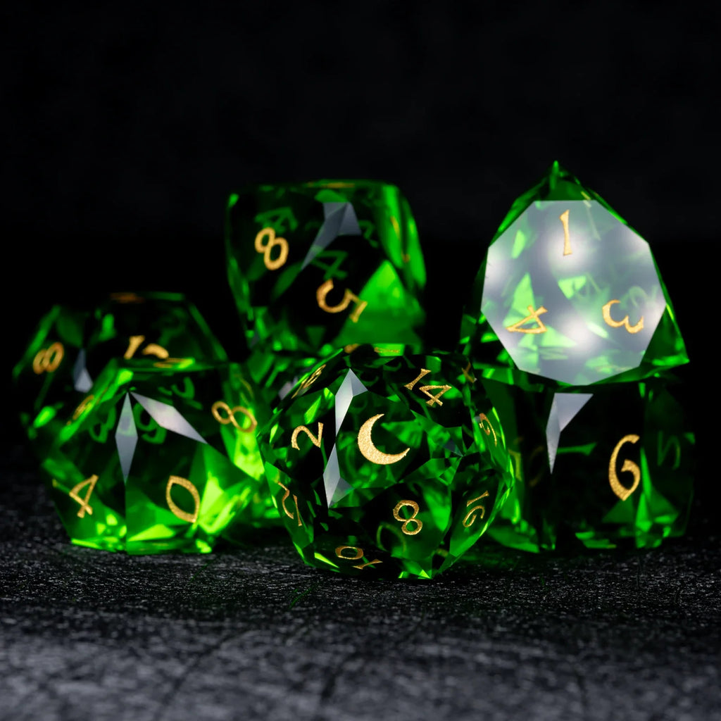 Green Multi-faceted Prism Glass Engraved Dice Set