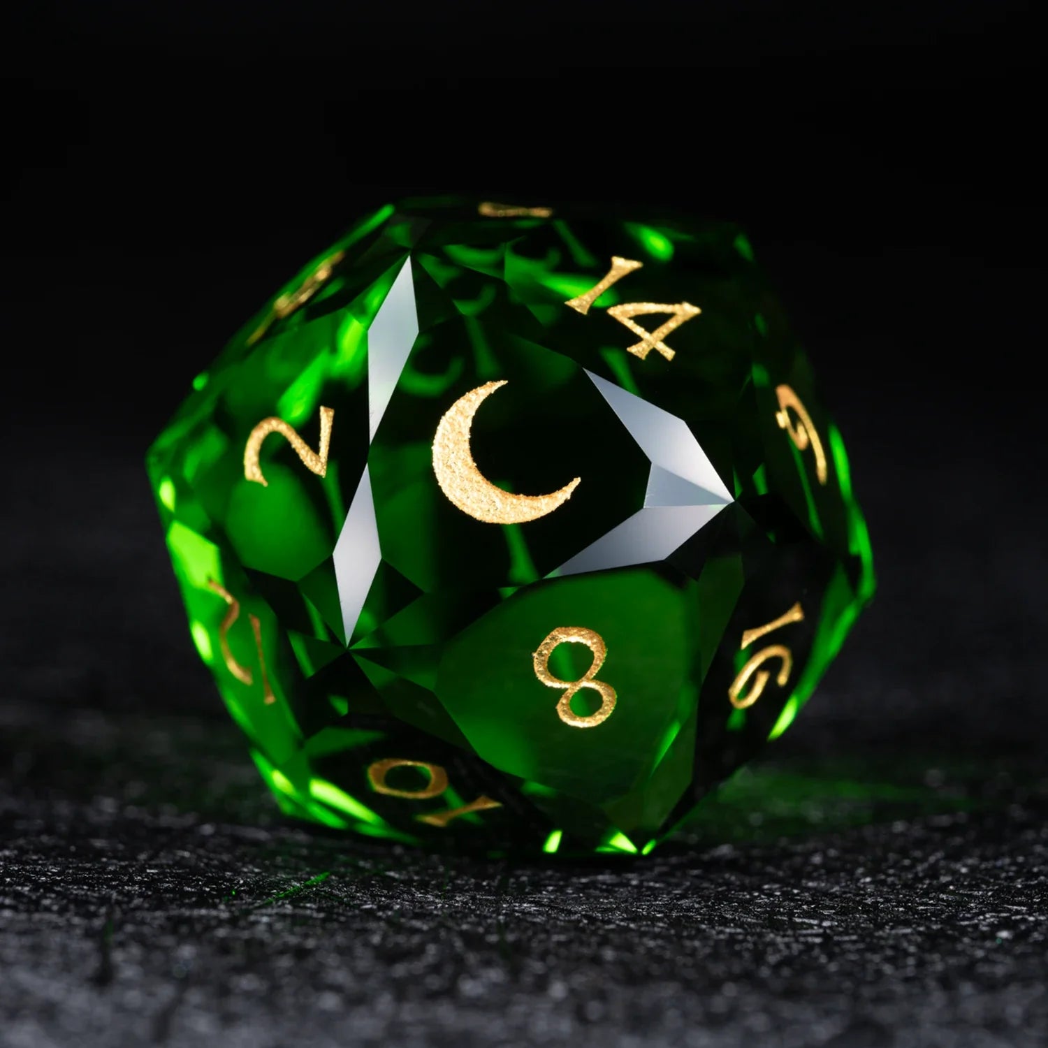 Green Multi-faceted Prism Glass Engraved Dice Set