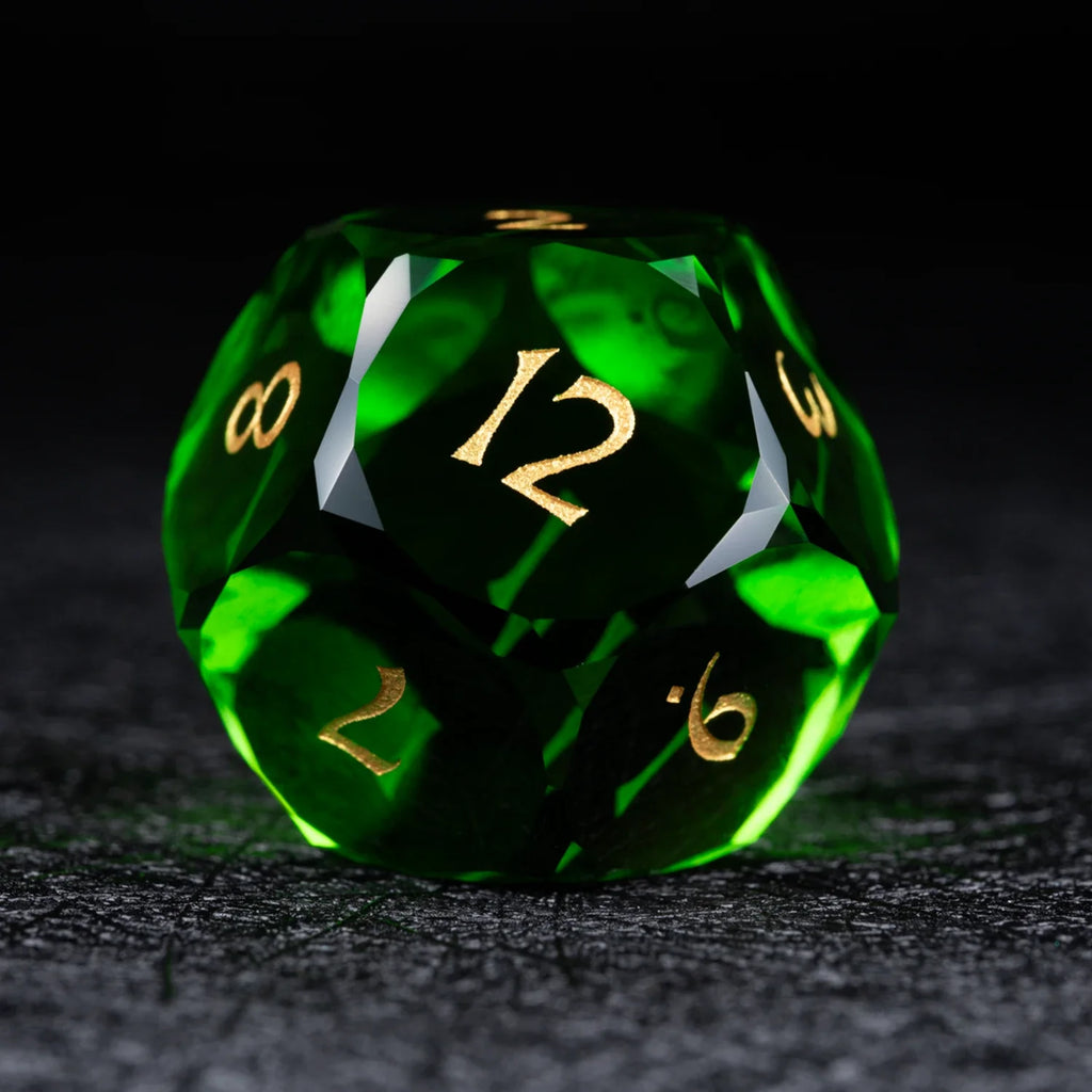 Green Multi-faceted Prism Glass Engraved Dice Set