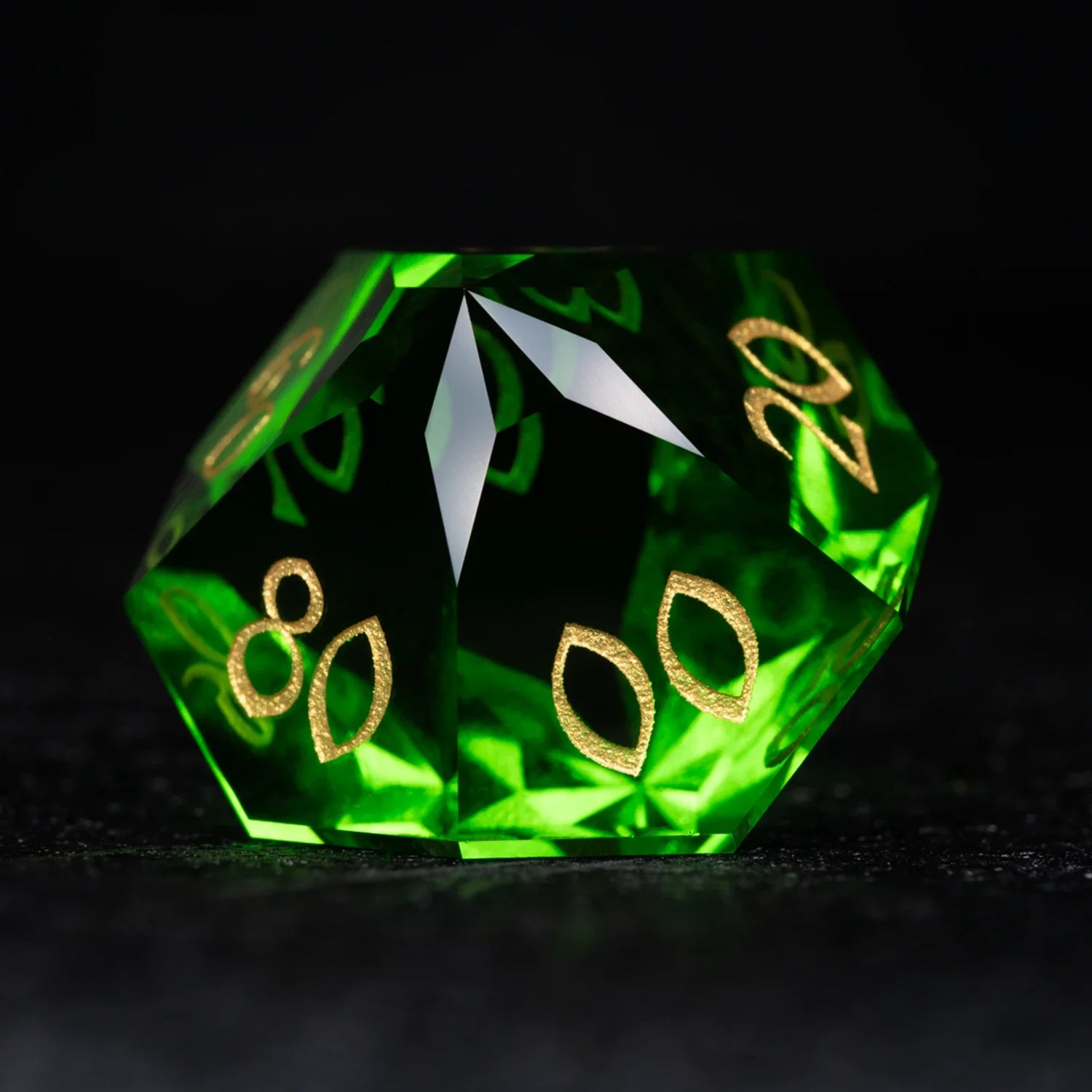 Green Multi-faceted Prism Glass Engraved Dice Set