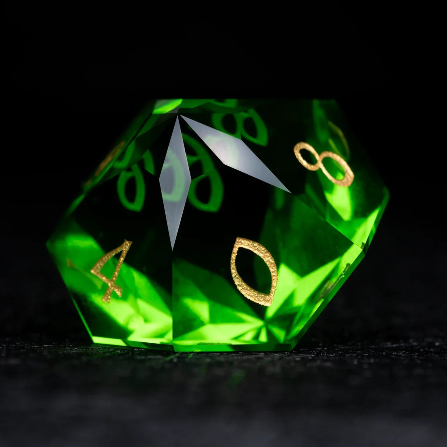 Green Multi-faceted Prism Glass Engraved Dice Set