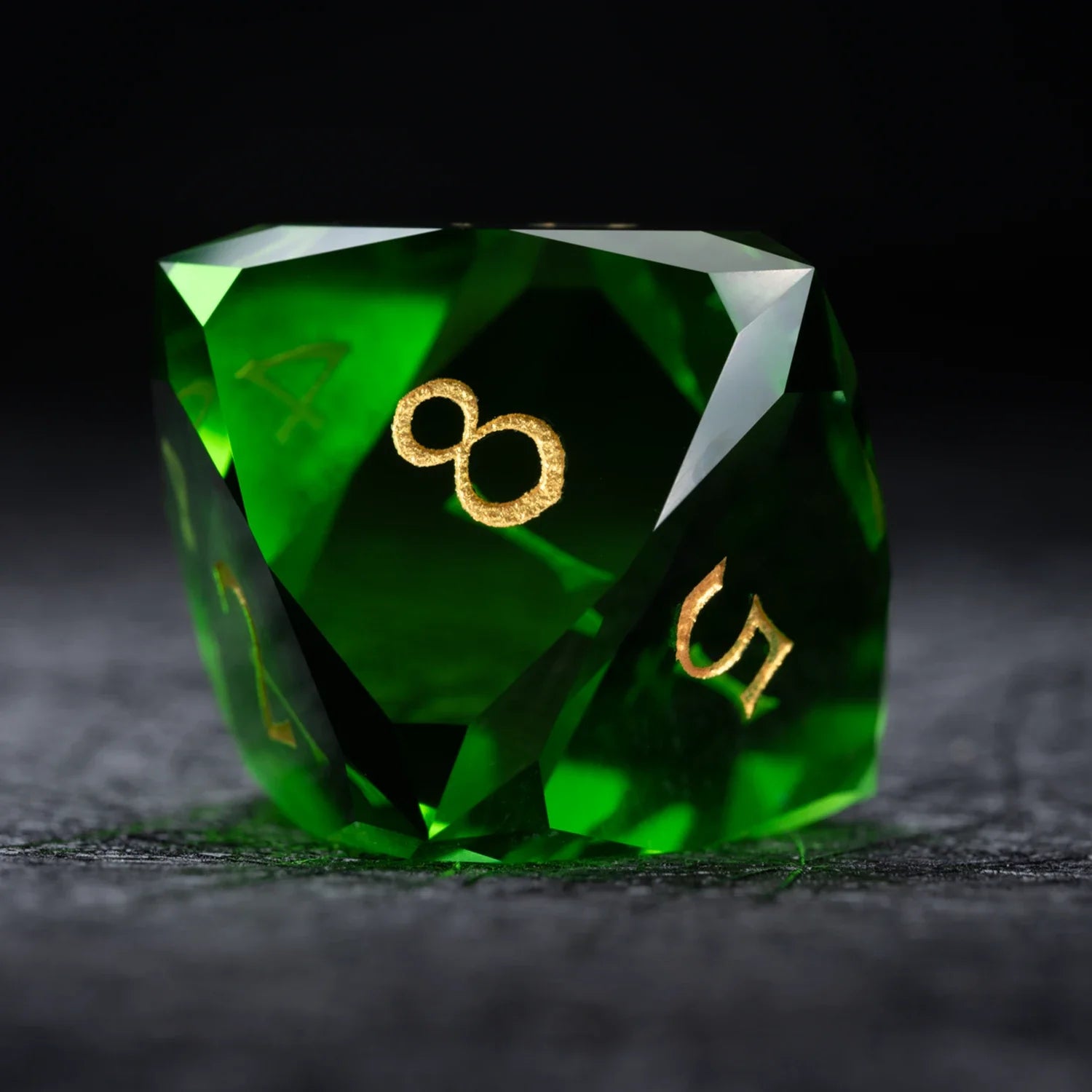 Green Multi-faceted Prism Glass Engraved Dice Set