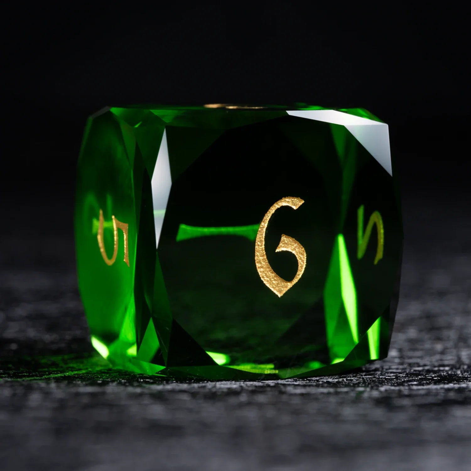 Green Multi-faceted Prism Glass Engraved Dice Set