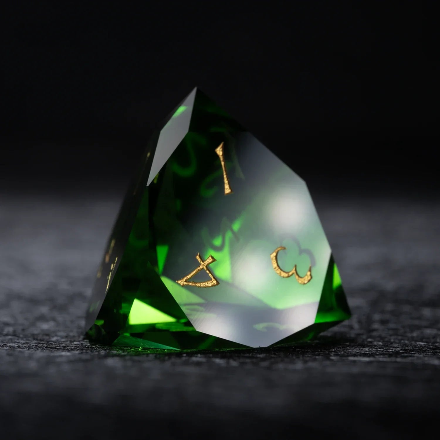 Green Multi-faceted Prism Glass Engraved Dice Set