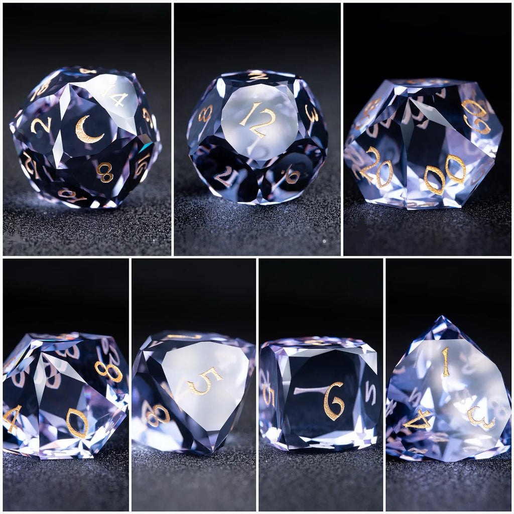 Lavender Moon symbol Multi-faceted Prism Glass Engraved Dice Set